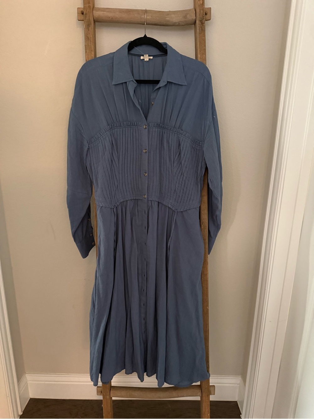 Anthropologie Pilcro Slate Blue Button-Front Pleated Shirt Dress maxi top duster